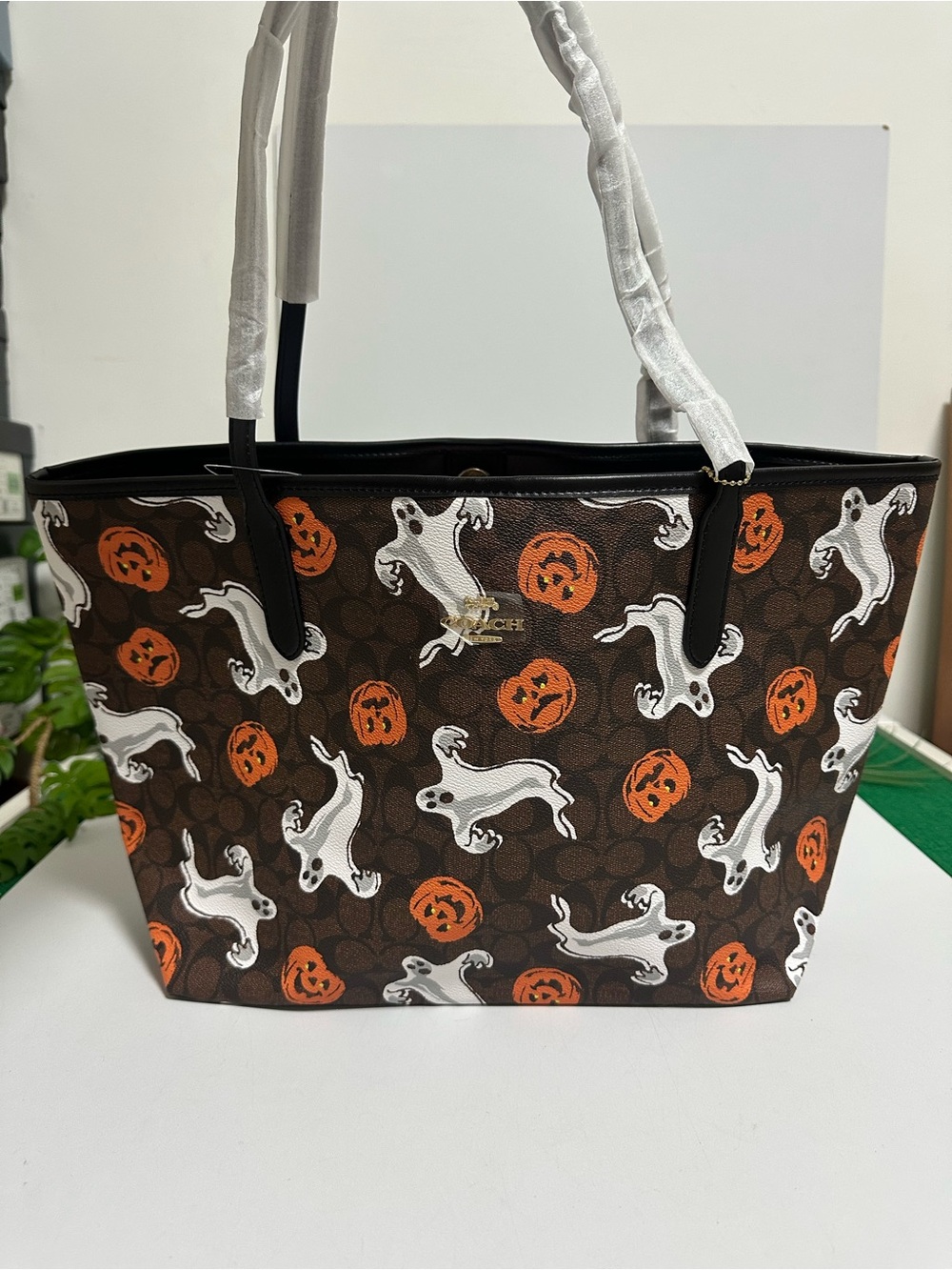 Coach Brown Tote with Orange Jack-o'-Lanterns & White Ghosts